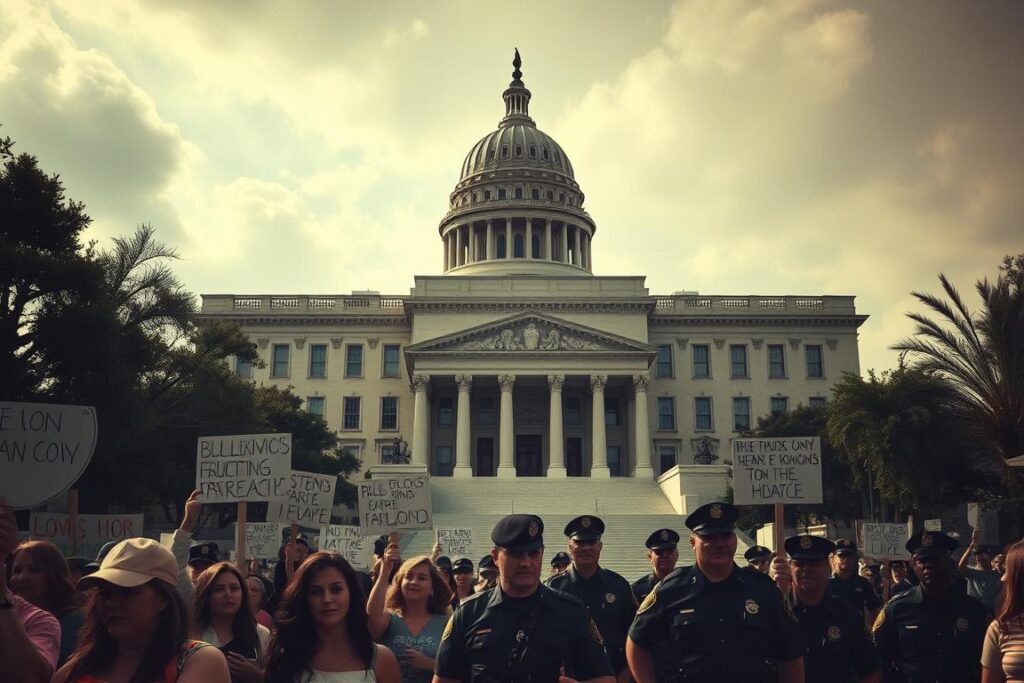 A government building with an ominous, overbearing presence, its imposing facade casting long shadows over the surrounding area. In the foreground, a group of citizens protesting, their faces a mix of defiance and concern, as they hold signs decrying perceived overreach. The middle ground features a line of uniformed officers, their expressions stern, standing as a physical barrier between the citizens and the governmental edifice. In the background, a hazy, ominous sky, suggesting an atmosphere of tension and unease. Dramatic lighting and a cinematic angle heighten the sense of gravity and importance. The overall mood is one of tension, resistance, and the delicate balance between individual liberty and state power.
